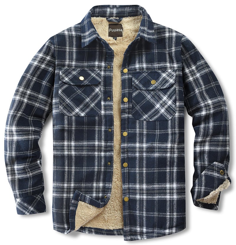 Puwasa Men's Sherpa Lined Cotton Flannel Shirt Jacket Plaid Button Up Jacket Coat for Men with Pocket Blue X-Large - Image 1