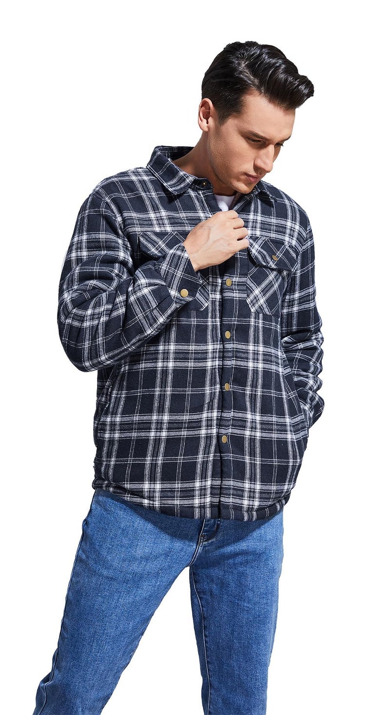 Puwasa Men's Sherpa Lined Cotton Flannel Shirt Jacket Plaid Button Up Jacket Coat for Men with Pocket Blue X-Large - Image 3