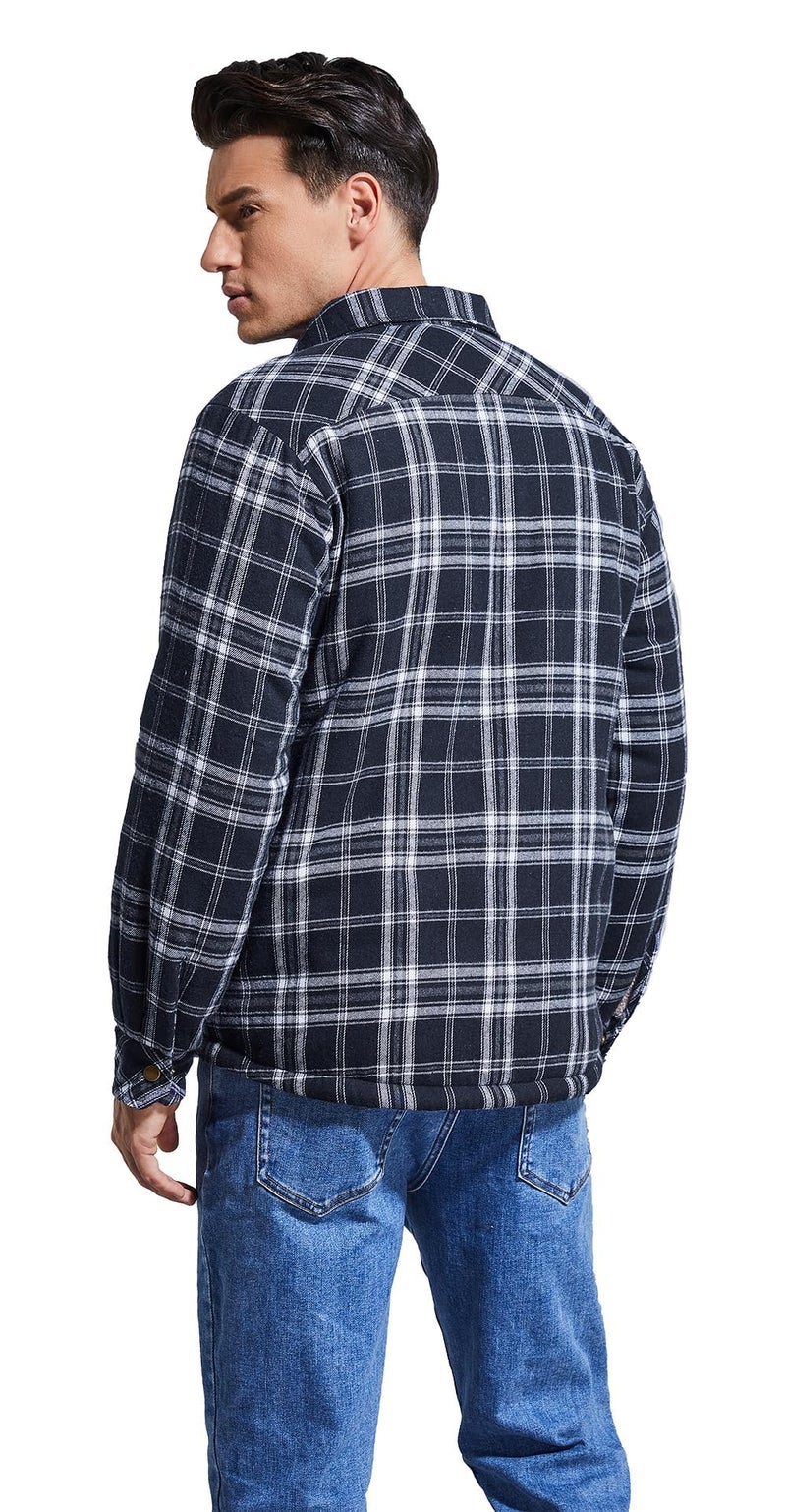 Puwasa Men's Sherpa Lined Cotton Flannel Shirt Jacket Plaid Button Up Jacket Coat for Men with Pocket Blue X-Large - Image 5