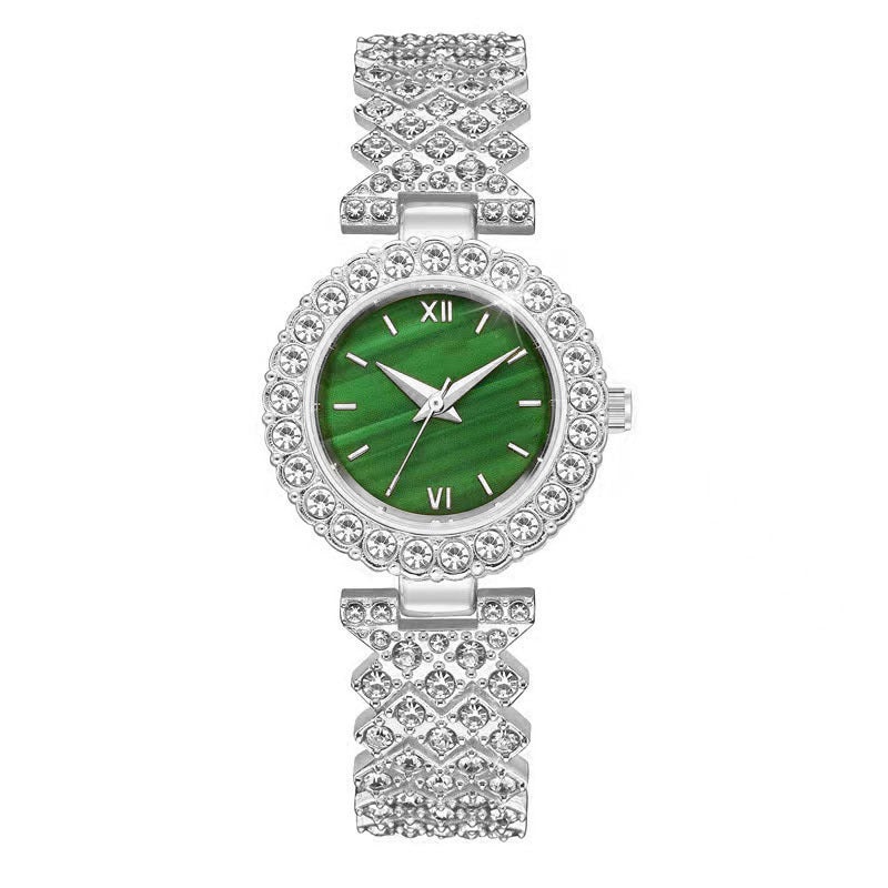 Elegant Womens Diamond Quartz Watch Bracelet silver green face 