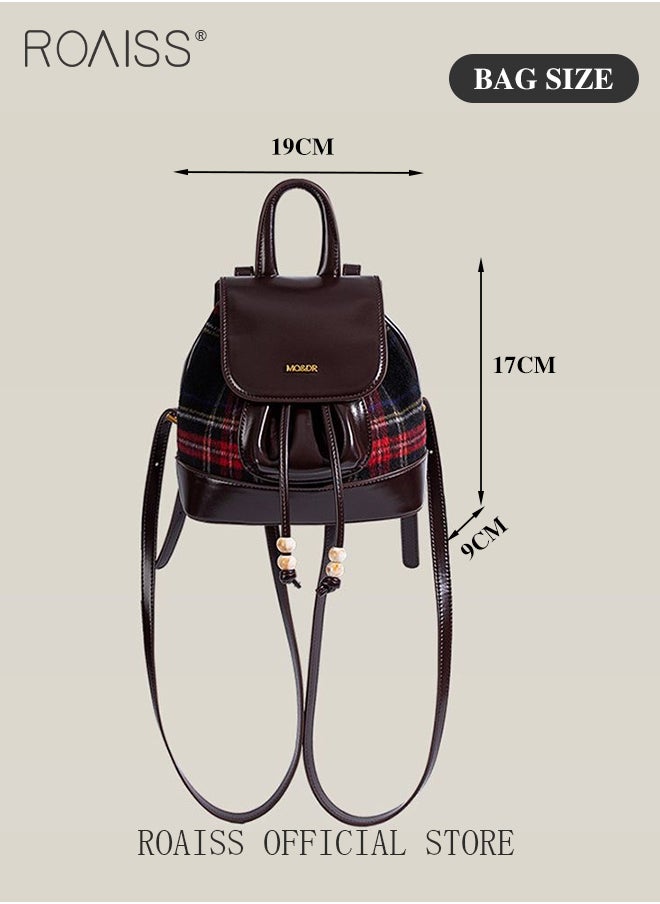 roaiss - Women Mini Backpack Black and Red Color Scheme with Plaid Decoration Simple and Stylish Flap Design with Drawstring Closure for Double Security and Anti Theft Protection Ideal for School and Commuting - Image 1