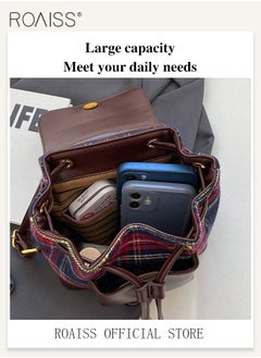 roaiss Women Mini Backpack Black and Red Color Scheme with Plaid Decoration Simple and Stylish Flap Design with Drawstring Closure for Double Security and Anti Theft Protection Ideal for School and Commuting  - Image 5