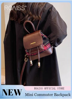 roaiss Women Mini Backpack Black and Red Color Scheme with Plaid Decoration Simple and Stylish Flap Design with Drawstring Closure for Double Security and Anti Theft Protection Ideal for School and Commuting  - Image 4