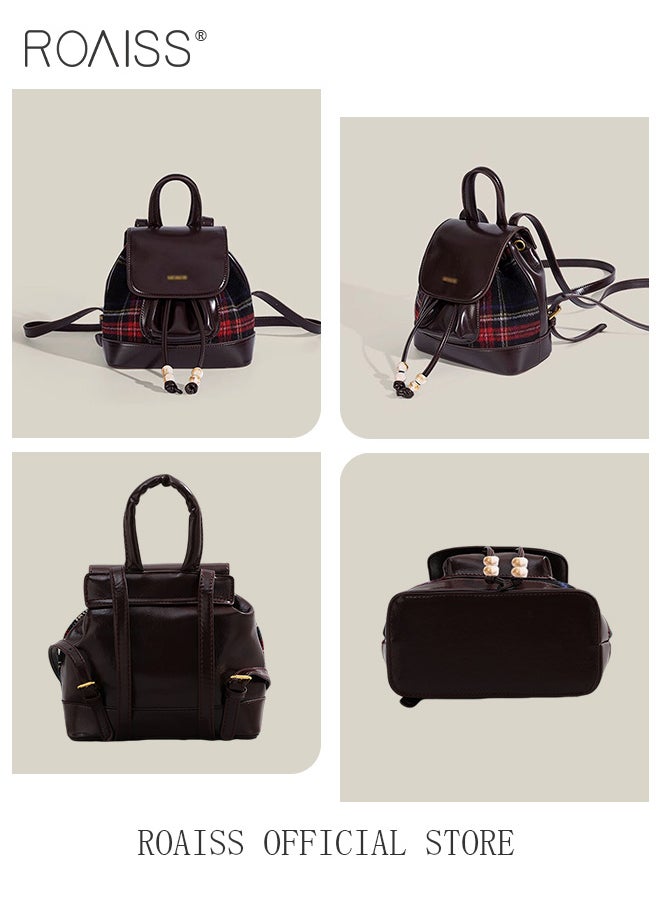 roaiss - Women Mini Backpack Black and Red Color Scheme with Plaid Decoration Simple and Stylish Flap Design with Drawstring Closure for Double Security and Anti Theft Protection Ideal for School and Commuting - Image 1