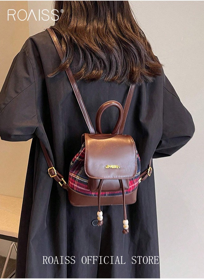 roaiss - Women Mini Backpack Black and Red Color Scheme with Plaid Decoration Simple and Stylish Flap Design with Drawstring Closure for Double Security and Anti Theft Protection Ideal for School and Commuting - Image 1