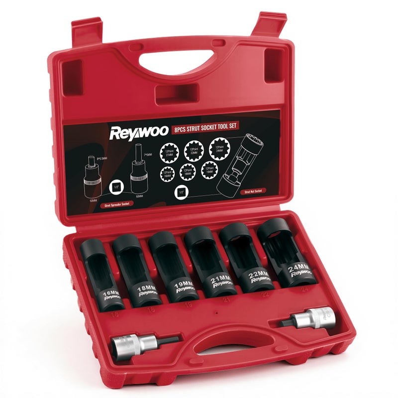 Reywoo Strut Nut Socket Set, 8Pcs Suspension Strut Spreader Tool 16mm 18mm 19mm 21mm 22mm 24mm with 12 Point 1/2" Drive, Shock Absorber Socket for Easy Remove Strut Nuts - Image 1