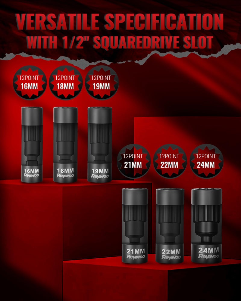 Reywoo Strut Nut Socket Set, 8Pcs Suspension Strut Spreader Tool 16mm 18mm 19mm 21mm 22mm 24mm with 12 Point 1/2" Drive, Shock Absorber Socket for Easy Remove Strut Nuts - Image 3