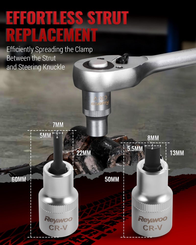 Reywoo Strut Nut Socket Set, 8Pcs Suspension Strut Spreader Tool 16mm 18mm 19mm 21mm 22mm 24mm with 12 Point 1/2" Drive, Shock Absorber Socket for Easy Remove Strut Nuts - Image 4