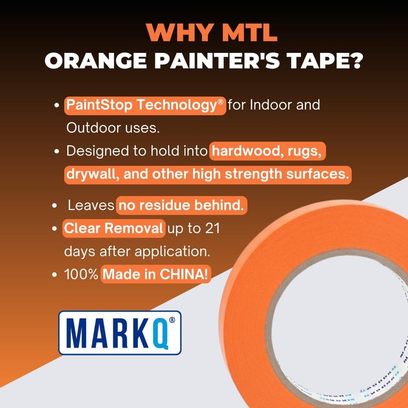 MARKQ Masking Tape 1 Inch x 20 Yards - Orange Painter’s Tape for Painting, Crafts, Labeling, DIY Projects & Home Improvement - Easy Removal, Strong Adhesion, No Residue (1 Pack) - Image 2