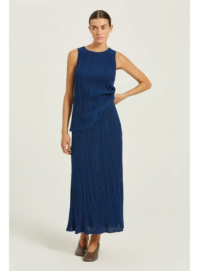 Navy Blue Thin Pleated Sequin Long Skirt.