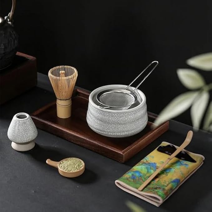 perforlld Japanese Matcha Tea Set 7Pcs Matcha Whisk Set With Matcha Bowl Matcha Bamboo Whisk Scoop Whisk Holder Stainless Steel Tea Sifter Tea Making Kit - Image 3