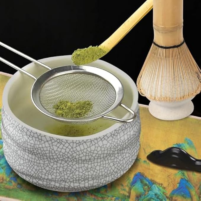 perforlld Japanese Matcha Tea Set 7Pcs Matcha Whisk Set With Matcha Bowl Matcha Bamboo Whisk Scoop Whisk Holder Stainless Steel Tea Sifter Tea Making Kit - Image 4