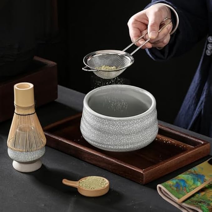 perforlld Japanese Matcha Tea Set 7Pcs Matcha Whisk Set With Matcha Bowl Matcha Bamboo Whisk Scoop Whisk Holder Stainless Steel Tea Sifter Tea Making Kit - Image 5