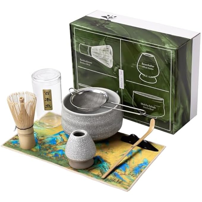 perforlld Japanese Matcha Tea Set 7Pcs Matcha Whisk Set With Matcha Bowl Matcha Bamboo Whisk Scoop Whisk Holder Stainless Steel Tea Sifter Tea Making Kit - Image 1