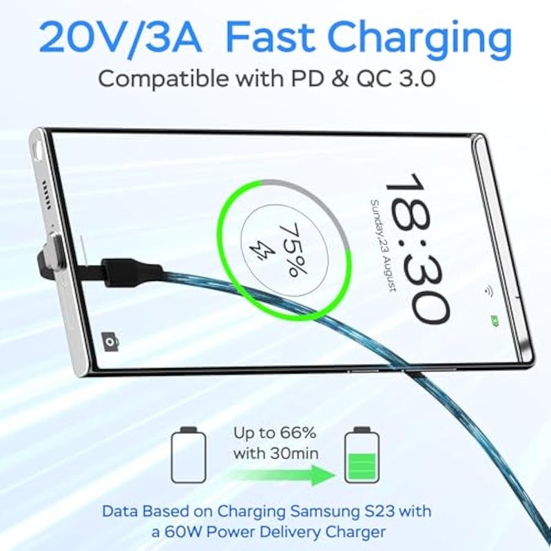 أنكوفو دبليوندا كيبل شحن USB C، 60 واط 5 قدم، منفذ C مسطح 90 درجة، نقل بيانات عالي السرعة متوافق مع سامسونج S23/S22/S21، ايفون 15 برو/برو ماكس، ماك بوك اير/برو، الخ. - Image 3