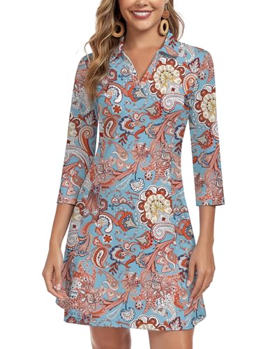 WOWENY 3/4 Sleeve Dress for Women with Pockets V Neck UPF 50+ Casual Sun Dress Breathable Quick Dry Beach Vacation (Bohemian Paisley, L) - Image 1