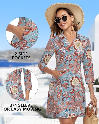 WOWENY 3/4 Sleeve Dress for Women with Pockets V Neck UPF 50+ Casual Sun Dress Breathable Quick Dry Beach Vacation (Bohemian Paisley, L) - Image 4