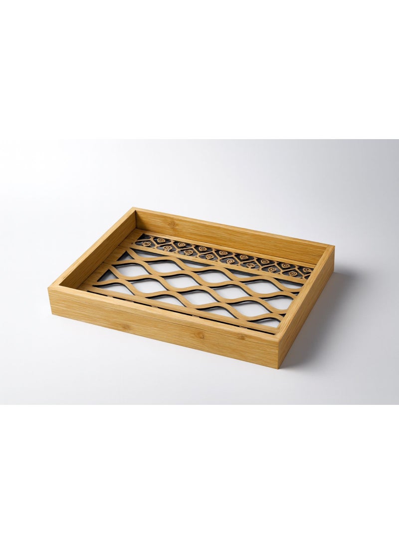 طقم صواني خشبية بارضية زجاجية ونقشة كلاسيكية-قطعتين - Image 3