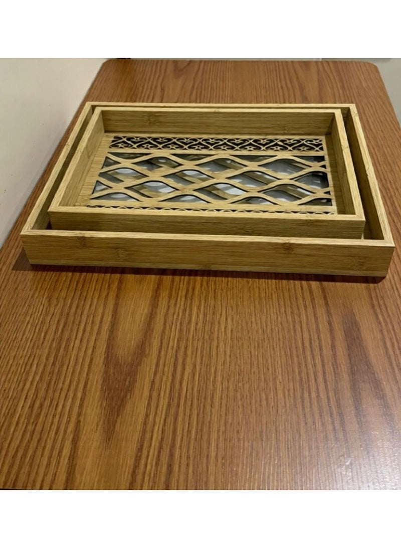 طقم صواني خشبية بارضية زجاجية ونقشة كلاسيكية-قطعتين - Image 4