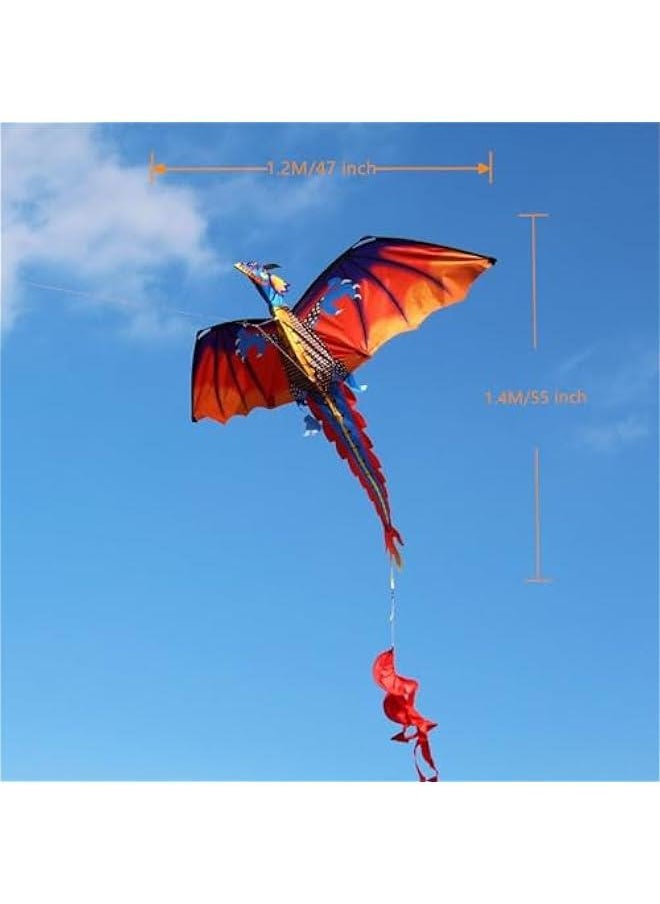 Generic - 3D Dragon Kite, 1000 FT Kite String with Reel, Dinosaur Kites for Kids & Adults Easy to Fly for Beginner, Large Beach Kite, with Spiral Tail - Image 1
