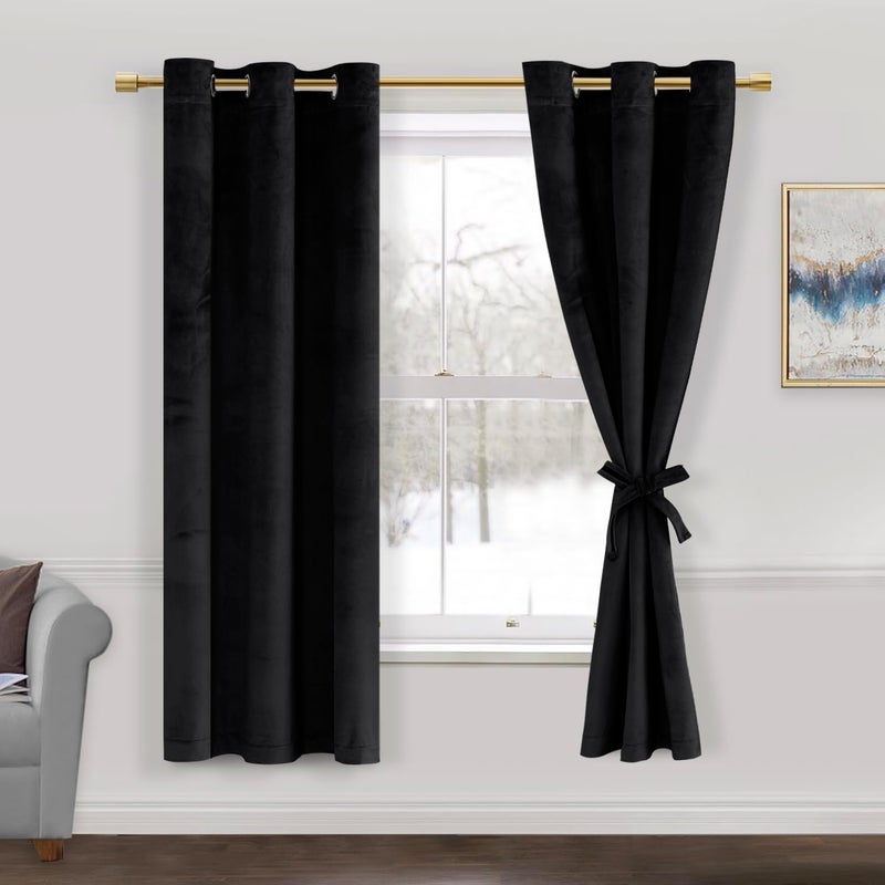 JIUZHEN Black Velvet Curtains 63 inches Blackout Curtains for Living Room - Privacy Protect Room Darkening Grommet Thick Velvet Window Drapes for Bedroom  Set of 2 with Tiebacks  42W x 63L - Image 1
