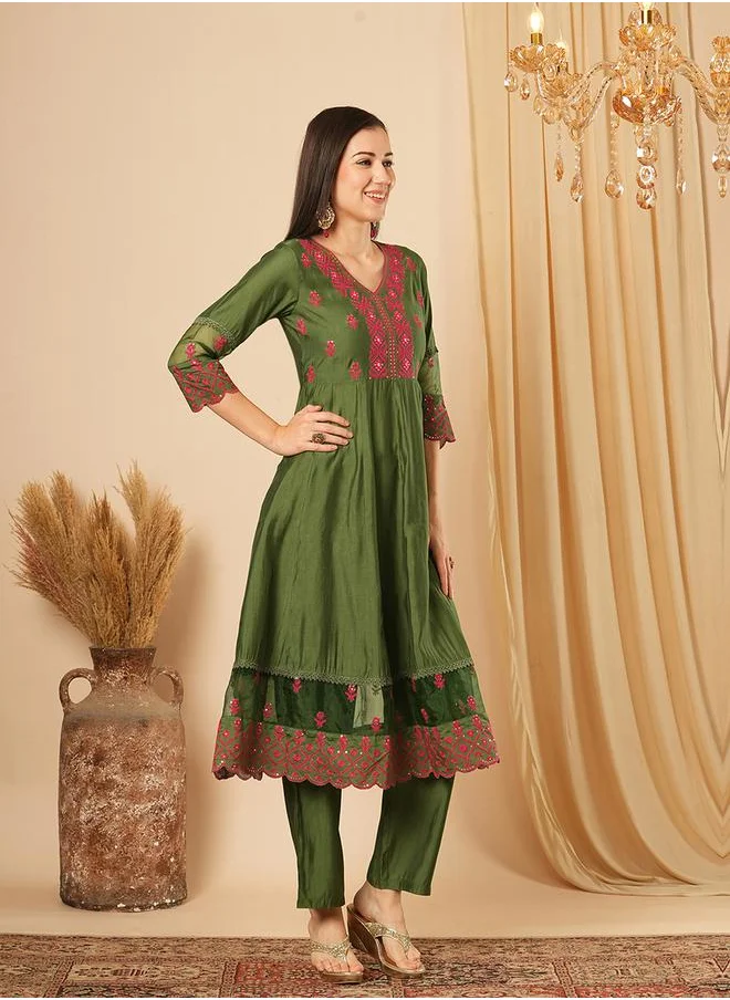 globus Sequined Embroidered Scalloped Hem Kurta With Elasticated Pants Set