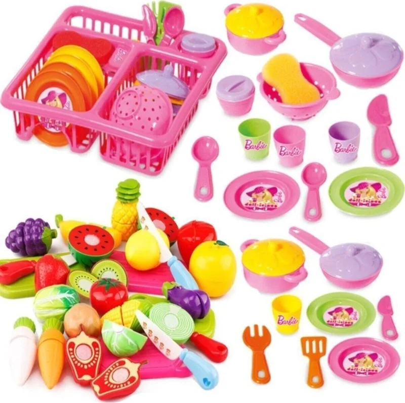 dede Grandpa Barbie Toy Dish Rack Plate Pot Set + 22 Pieces Cuttable Toy Fruit Vegetable Cut Cut