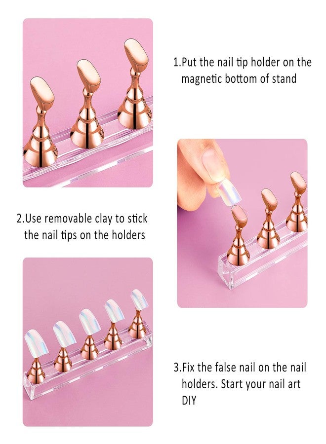 Blulu 2 Sets Nail Stand for Press on Acrylic Nails Display Practice Magnetic Fake Nail Holder for Painting Nails for False Fingernail Manicure Tool Home DIY Salon Supplies(Rose Gold) - Image 3