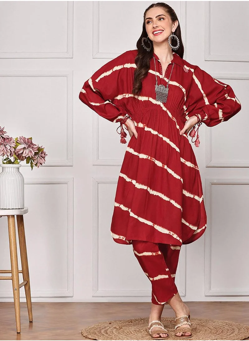 ISHIN Red Kurta Set Straight Fit 3/4 Sleeve Sleeve made from 100% Viscose featuring Self Design design and Round Neck neckline - Perfect for Ethinic!