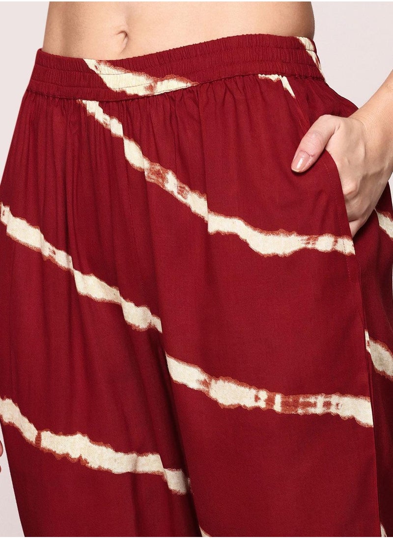 ISHIN Women's Red 100% Viscose Self Design Full Length Palazzo Kurta Set  - Image 3