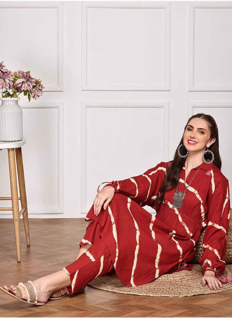 ISHIN Women's Red 100% Viscose Self Design Full Length Palazzo Kurta Set  - Image 5