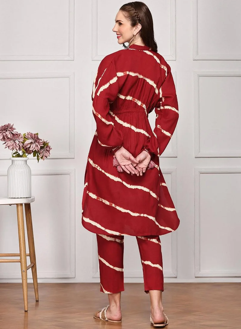 ISHIN Women's Red 100% Viscose Self Design Full Length Palazzo Kurta Set