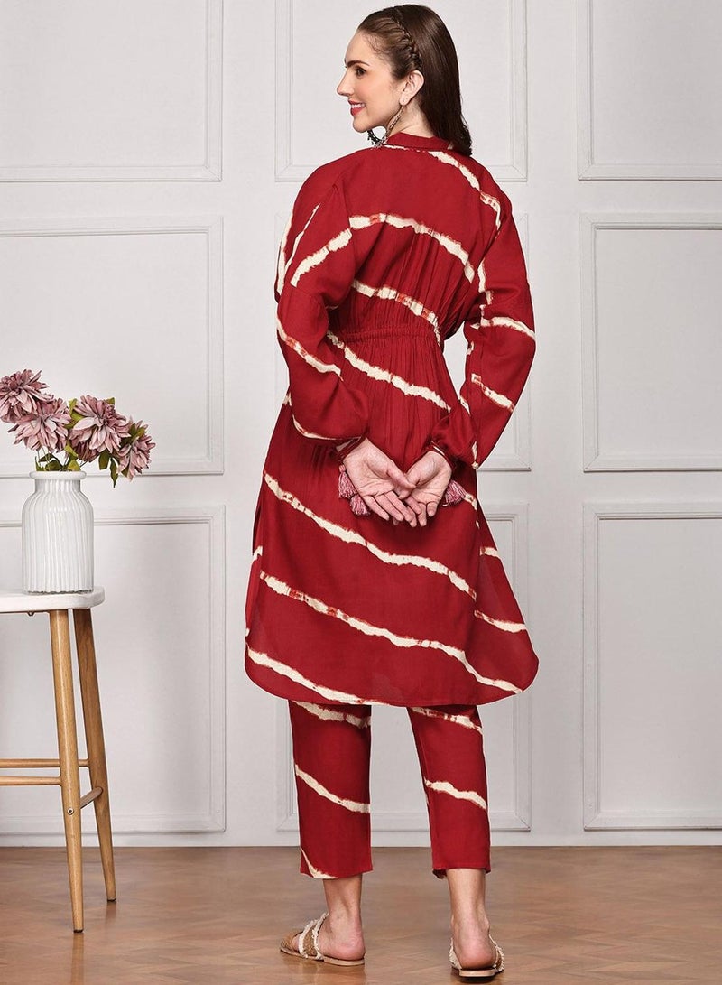 ISHIN Women's Red 100% Viscose Self Design Full Length Palazzo Kurta Set  - Image 5