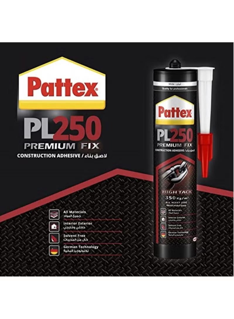 Pattex PL250 Premium Fix White Construction Adhesive 350kg/m² for strong, heavy-duty bonding, indoor and outdoor, on all materials, with advanced German technology and solvent-free (1 piece) - Image 2