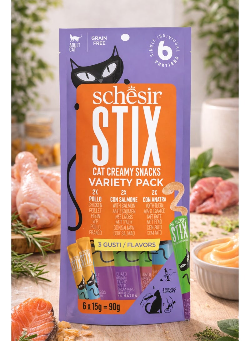 Schesir Stix Cat Creamy Snacks Variety Pack – Grain-Free Lickable Treats for Adult Cats – 3 Flavors: Chicken, Salmon, & Duck – 90 g (6 x 15 g Sticks) - Image 1