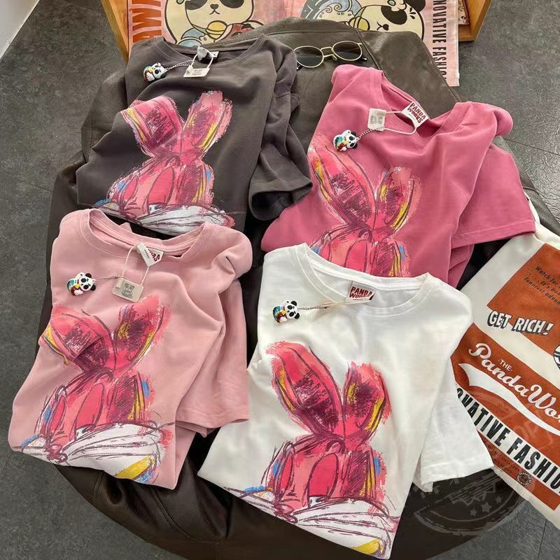 Cotton New Arrival Loose Short-Sleeved Round Neck T-Shirt Women'S Summer Slim-Fit All-Match Rabbit Top Trendy - Image 4