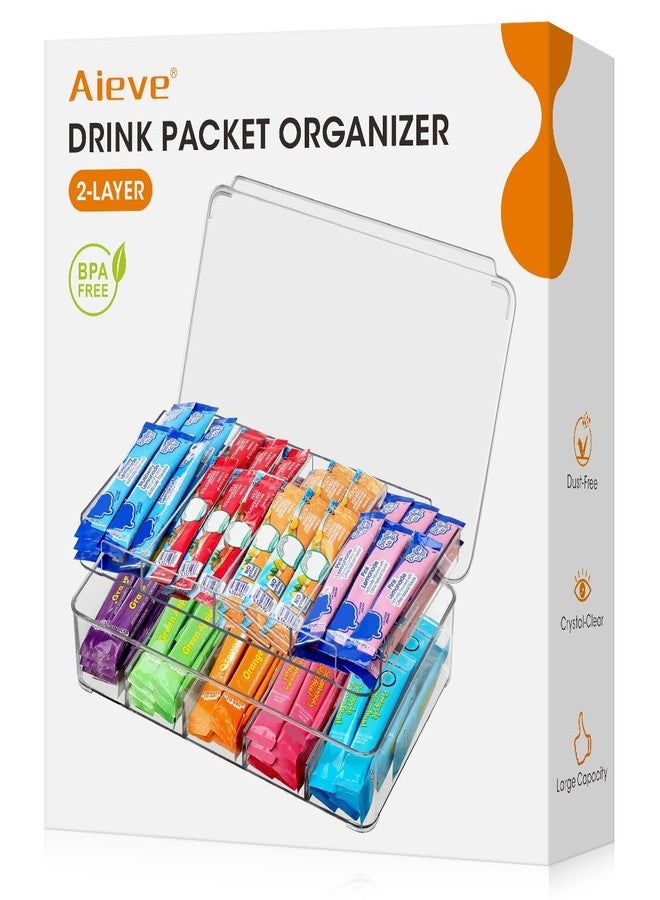 AIEVE Drink Packet Organizer, 2-Tier Tea Bag Organizer with Lid, Stackable Clear Pantry Storage Bins with Adjustable Dividers, Acrylic Water Packet Holder for Cabinet Kitchen Storage Organization - Image 1