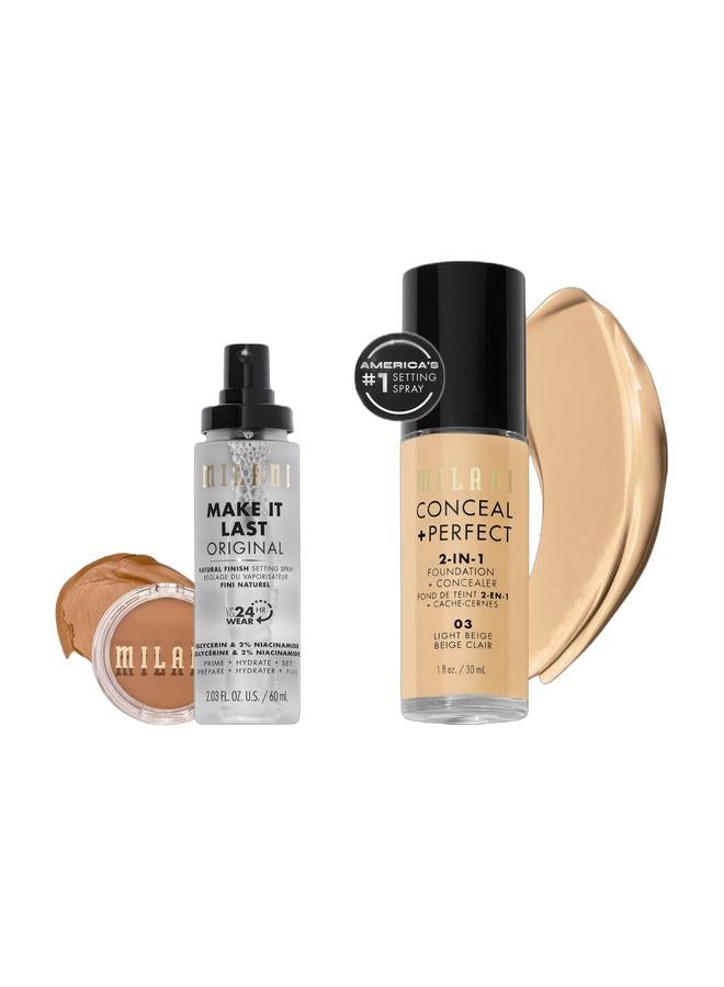 MILANI Make It Last Setting Spray 03 Natural & Conceal + Perfect 2 In 1 03 Light Beige & Milani Cheek Kiss Cream Bronzer-120 Spilling Tea Bundle - Image 1