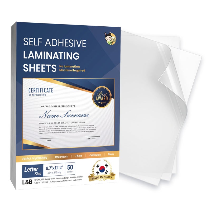 No Heat Laminating Sheets Self Sealing 8.5 x 11 Inch, 50 Pack, 4mil Thickness, Transparent, No Machine Self Adhesive Laminating Sheets, Protect documents and Photos [Letter Size] by HA SHI