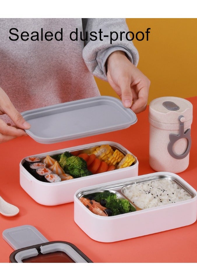 304 stainless steel double-layer insulated lunch box, lunch box, children's adult leak-proof lunch box, portable lunch box container, simple design, good durability. Comes with a stainless steel spoon * 1, fork * 1, wheat chopsticks spoon * 1 and bag * 1, - Image 2