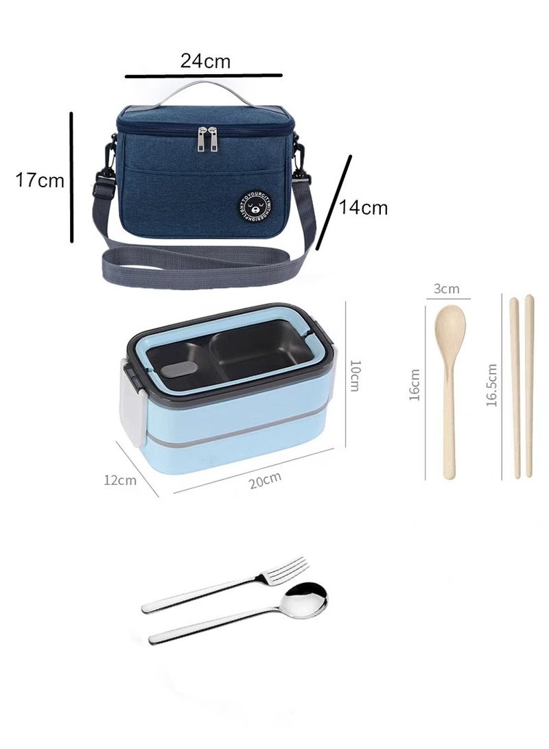 304 stainless steel double-layer insulated lunch box, lunch box, children's adult leak-proof lunch box, portable lunch box container, simple design, good durability. Comes with a stainless steel spoon * 1, fork * 1, wheat chopsticks spoon * 1 and bag * 1, - Image 1