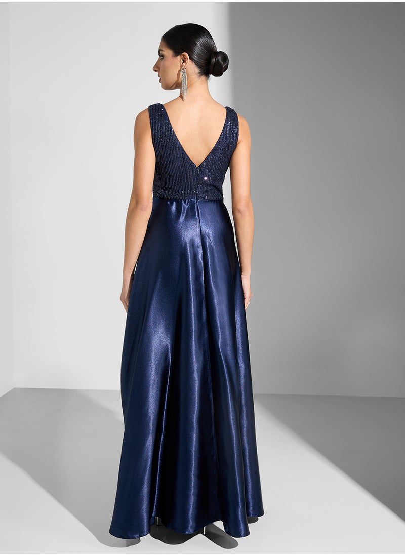 Little Mistress Satin Sleeveless V-Neck  Dress  - Image 2