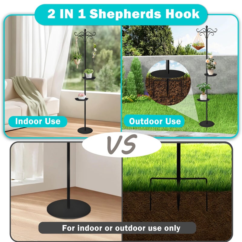 SIGOWING 76" Thicken Shepherds Hooks for Outdoor - Double Shepherd Hooks for Outside with 2 Stands, Bird Feeder Pole with a Flat Base for Deck, Plant Stand Indoor, Wreath and Wind Chimes Hanger - Image 4