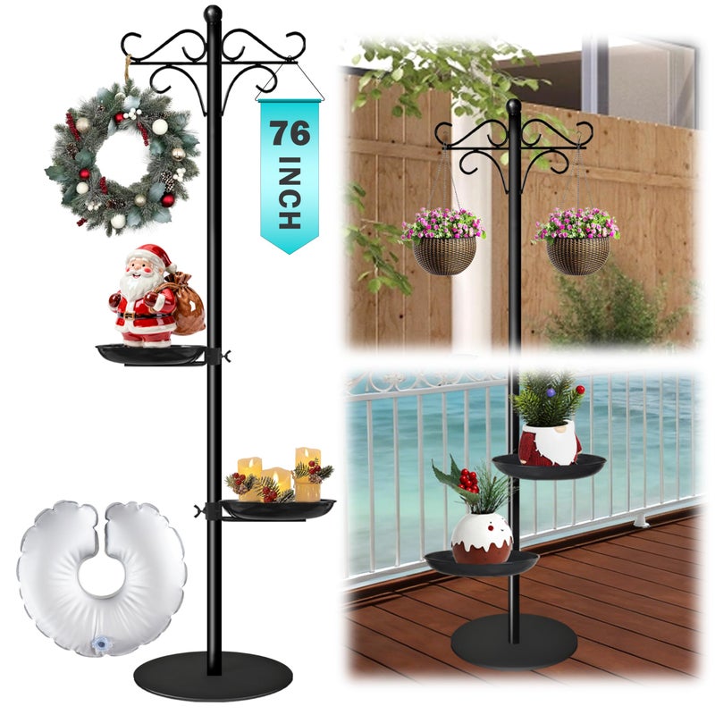 SIGOWING 76" Thicken Shepherds Hooks for Outdoor - Double Shepherd Hooks for Outside with 2 Stands, Bird Feeder Pole with a Flat Base for Deck, Plant Stand Indoor, Wreath and Wind Chimes Hanger - Image 1