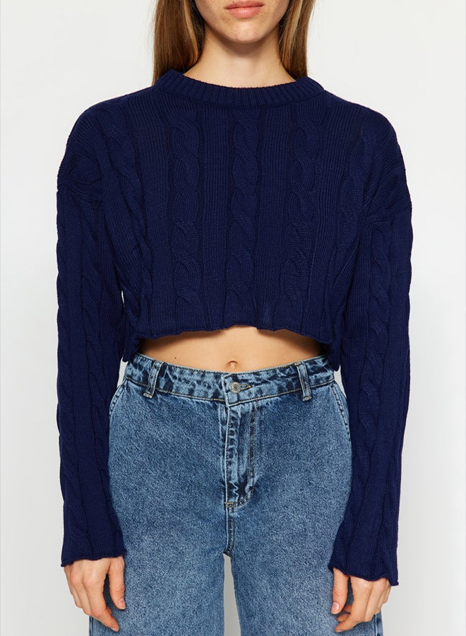 trendyol Navy Blue Super Crop Hair Knit Sweater - Image 4