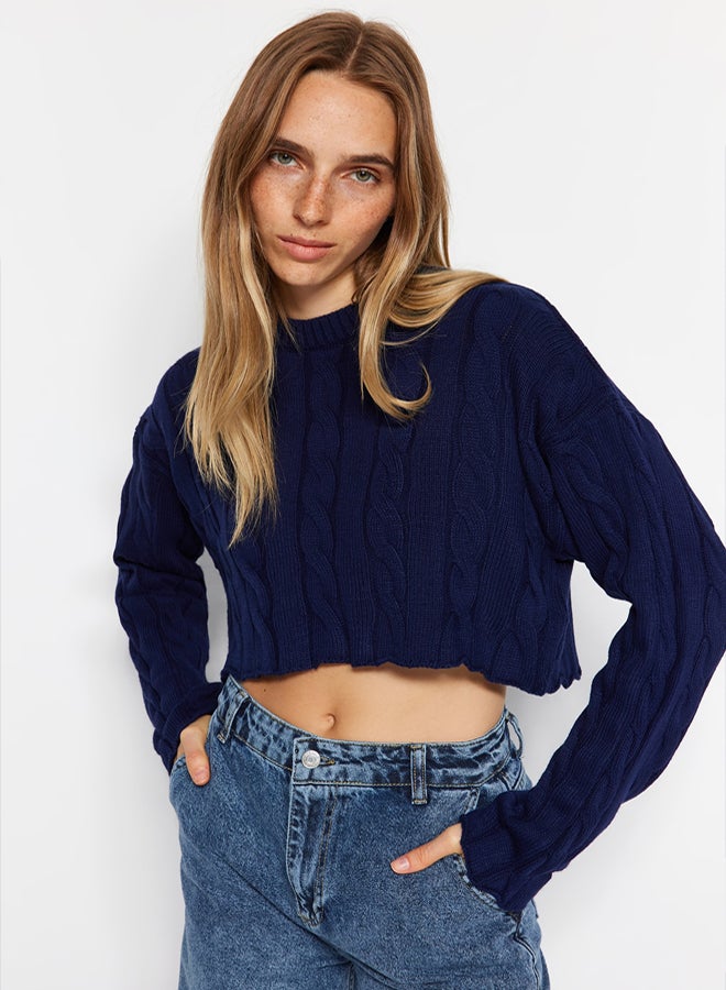 trendyol Navy Blue Super Crop Hair Knit Sweater - Image 1