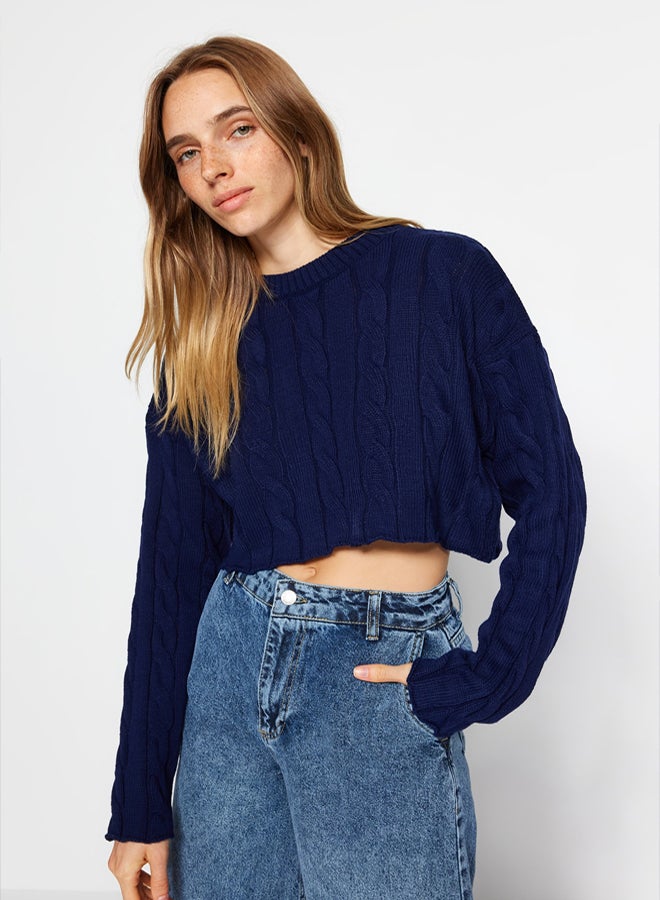 trendyol Navy Blue Super Crop Hair Knit Sweater - Image 2