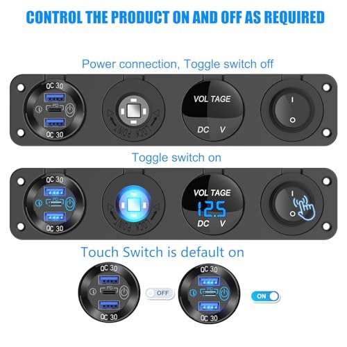 Hapytrip 4 in 1-12V USB Outlet RV Accessories Marine Switch Panel Plug, PD3.0 and Dual QC3.0 Car USB Port Aluminum Charger, Lighted 150W Cigarette Lighter Socket, Blue LED Voltmeter and Toggle Switch DIY Kit - Image 5