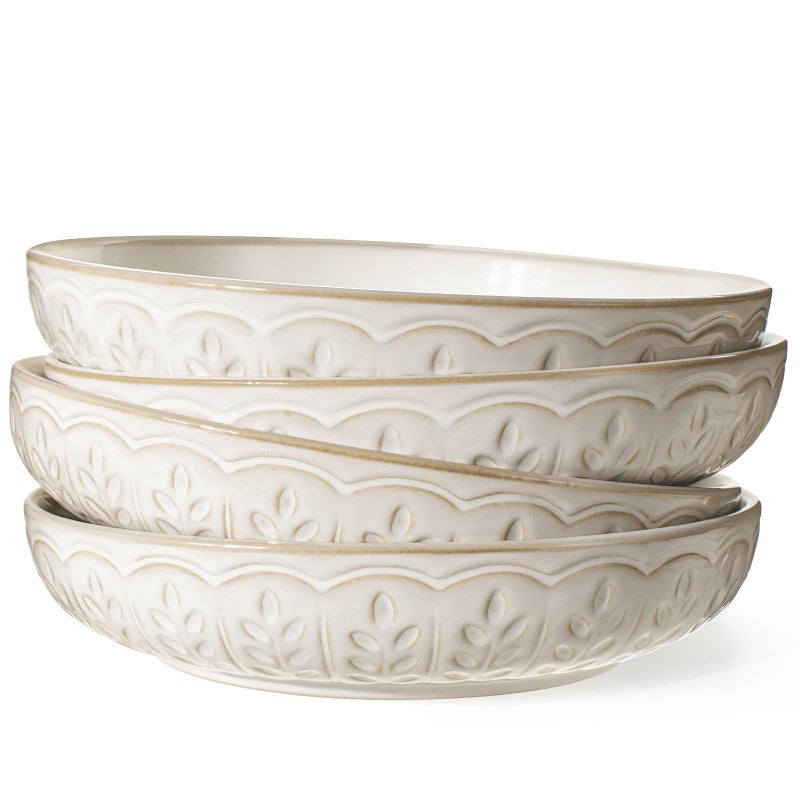 Artena Pasta Bowls 50oz Large Salad Serving Bowls 975 Plates Bowls Set of 4 Big White Ceramic Soup Bowls for Kitchen Embossment Shallow Dinner Bowl Microwave Dishwasher Safe Wheat Leaf - Image 1