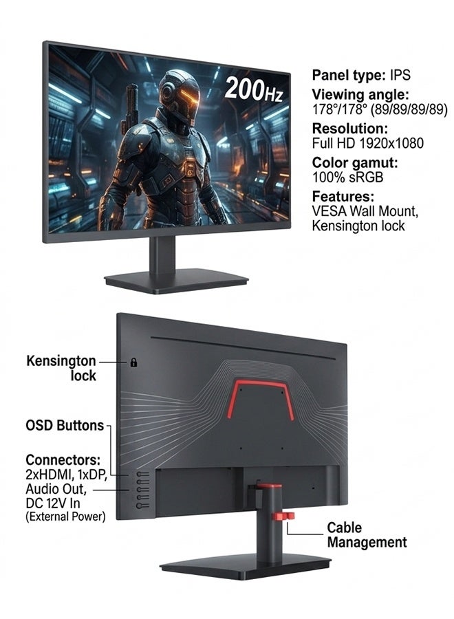 27 Inch 200Hz Gaming Monitor FHD 1920x1080 IPS Display 1ms Ultra-Fast Response | Frameless Gaming Screen | HDMI & DisplayPort | Eye Care Technology | PC & Console Compatible image 9